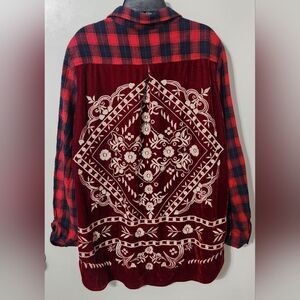 Paparazzi by Biz Embroidered Crushed Velvet Flannel Multi Media Tunic Top sz  XL